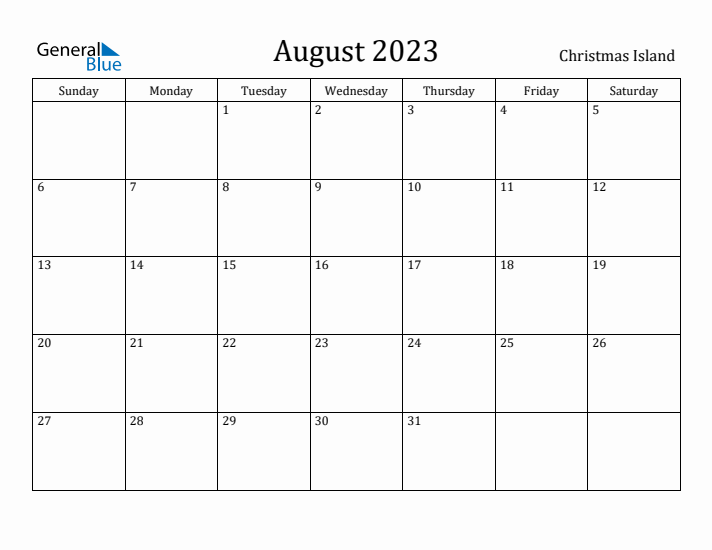August 2023 Calendar Christmas Island