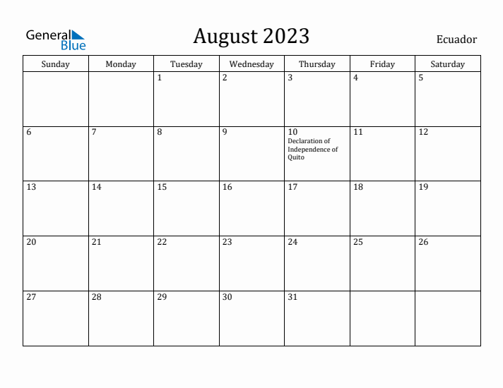 August 2023 Calendar Ecuador