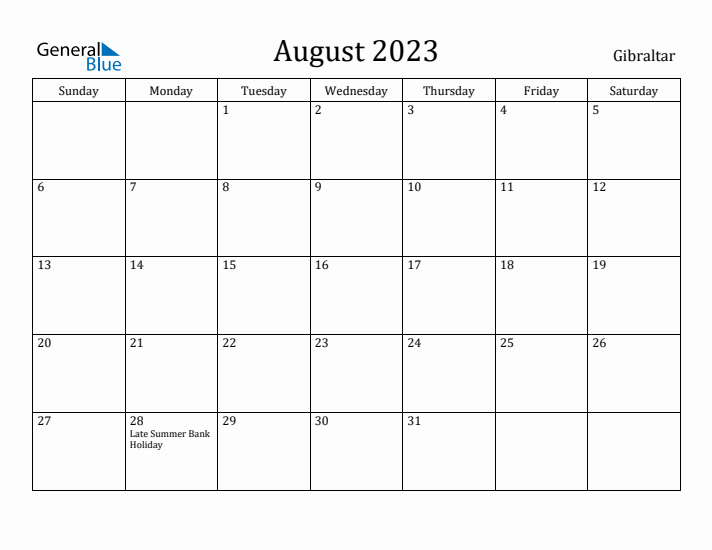 August 2023 Calendar Gibraltar