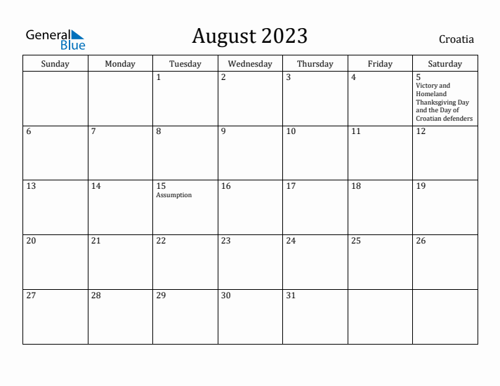 August 2023 Calendar Croatia