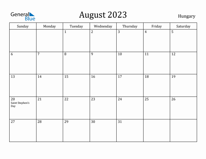 August 2023 Calendar Hungary