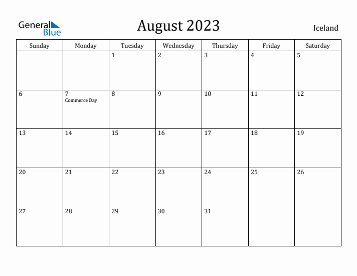 August 2023 Calendar Iceland