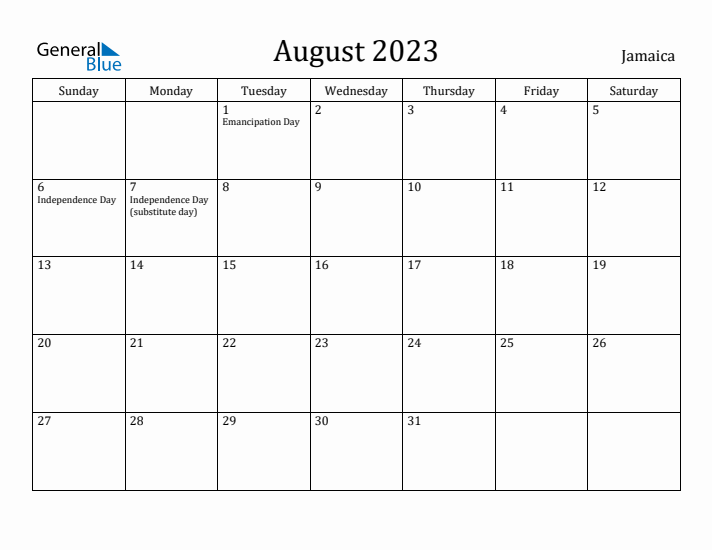August 2023 Calendar Jamaica