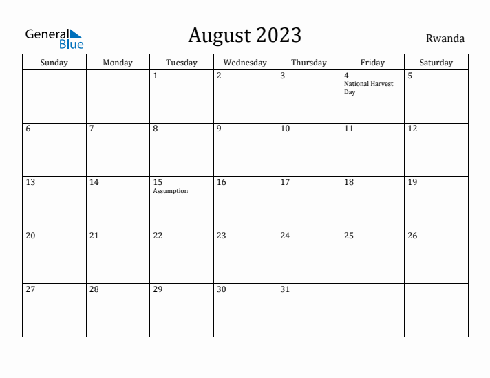 August 2023 Calendar Rwanda