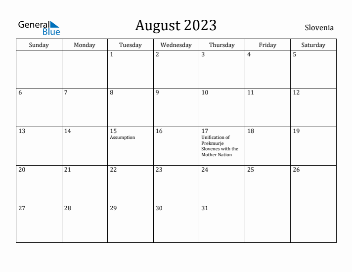 August 2023 Calendar Slovenia
