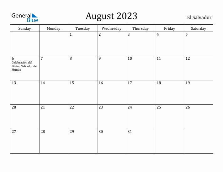 August 2023 Calendar El Salvador