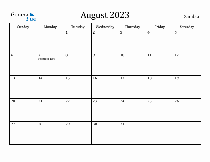 August 2023 Calendar Zambia