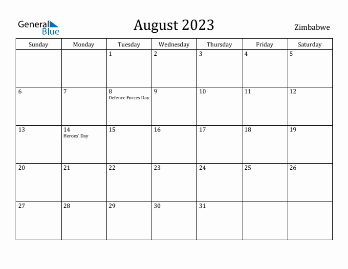 August 2023 Calendar Zimbabwe