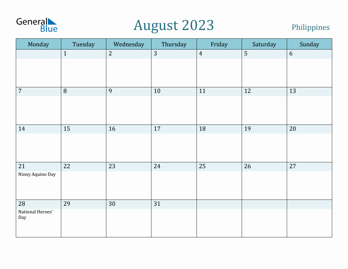 Philippines Holiday Calendar for August 2023