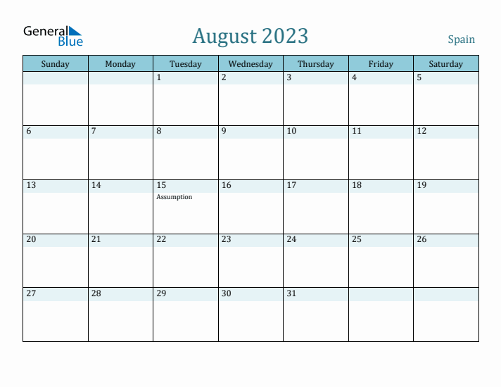 August 2023 Monthly Calendar with Spain Holidays