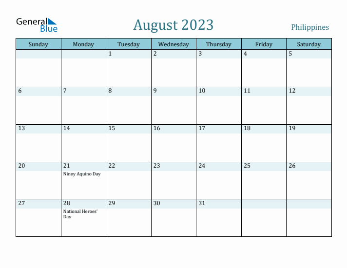 August 2023 Monthly Calendar with Philippines Holidays