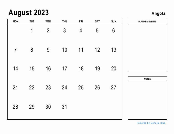 August 2023 Planner with Angola Holidays