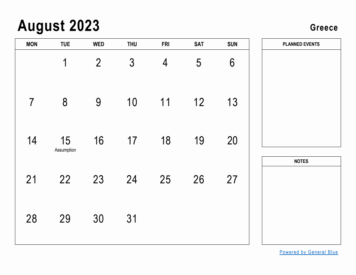 August 2023 Planner with Greece Holidays