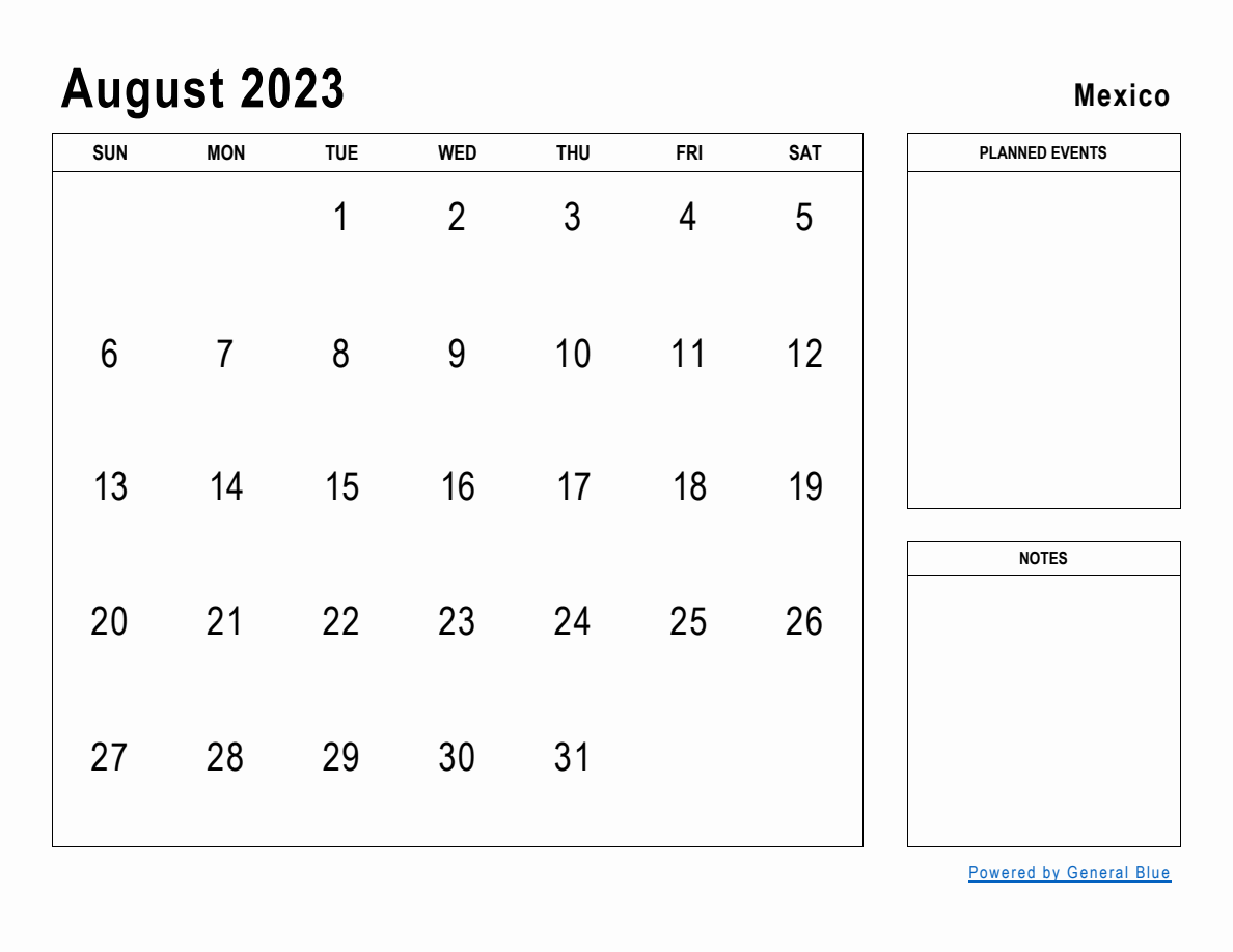 August 2023 Planner with Mexico Holidays