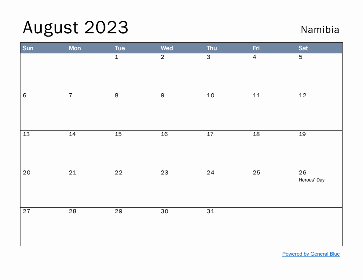 Free Monthly Calendar Template For August 2023 With Namibia Holidays