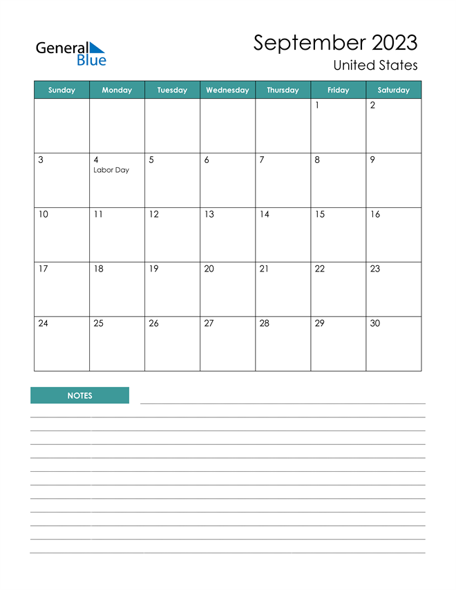 September 2023 Calendar with United States Holidays