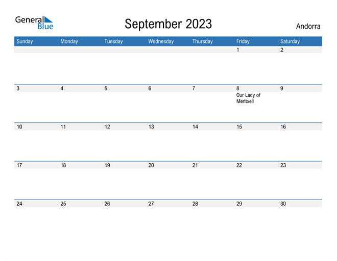September 2023 Calendar with Andorra Holidays