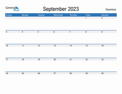 Current month calendar with Dominica holidays for September 2023
