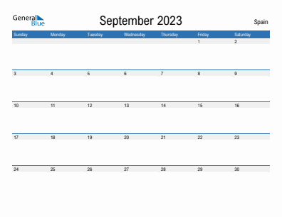 Current month calendar with Spain holidays for September 2023