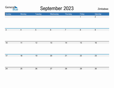 Current month calendar with Zimbabwe holidays for September 2023