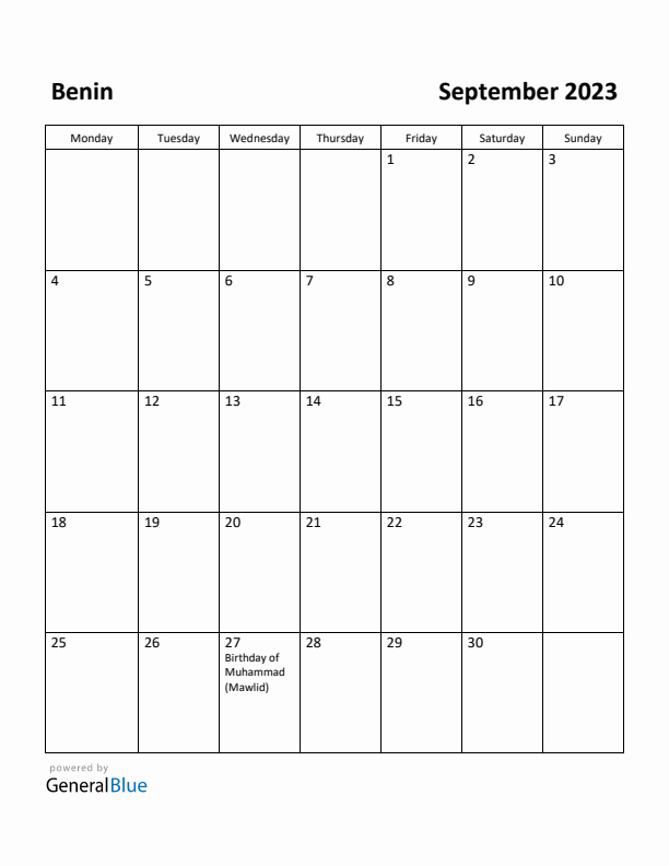 September 2023 Calendar with Benin Holidays
