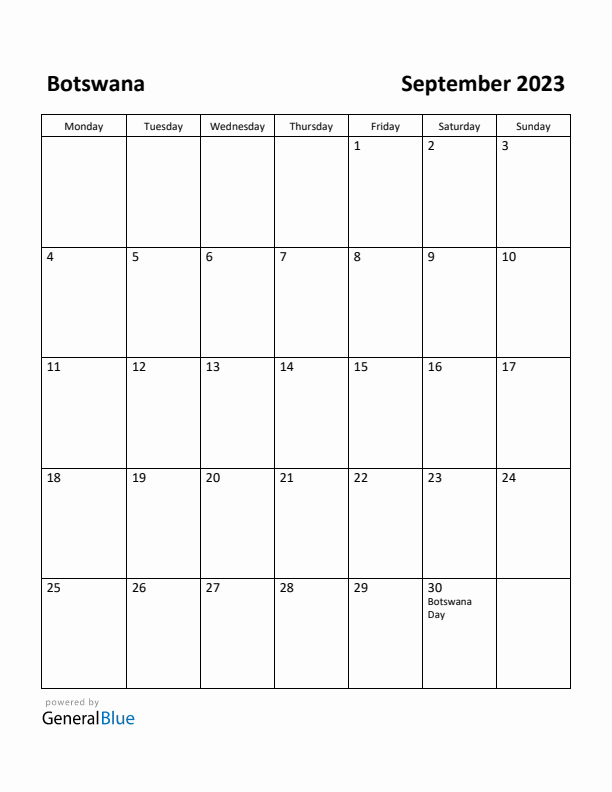 September 2023 Calendar with Botswana Holidays