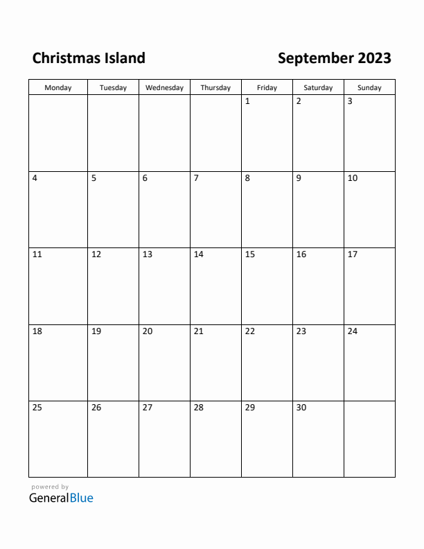 September 2023 Calendar with Christmas Island Holidays