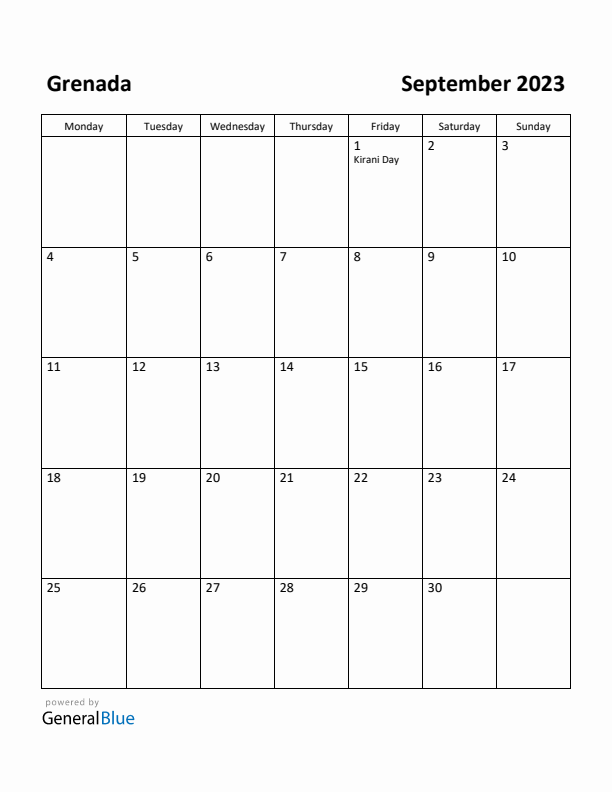 September 2023 Calendar with Grenada Holidays