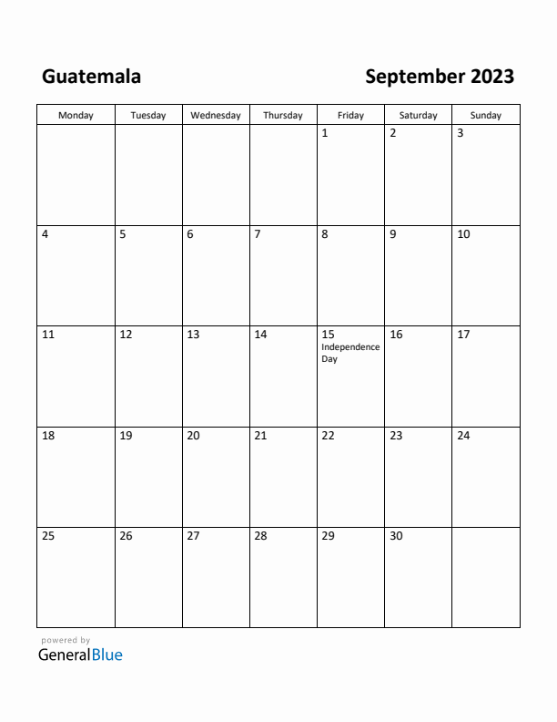 September 2023 Calendar with Guatemala Holidays
