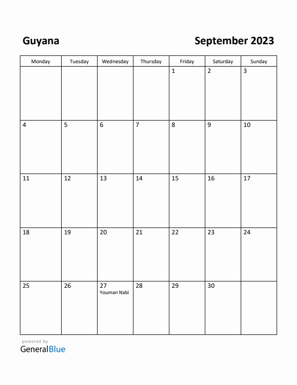 September 2023 Calendar with Guyana Holidays