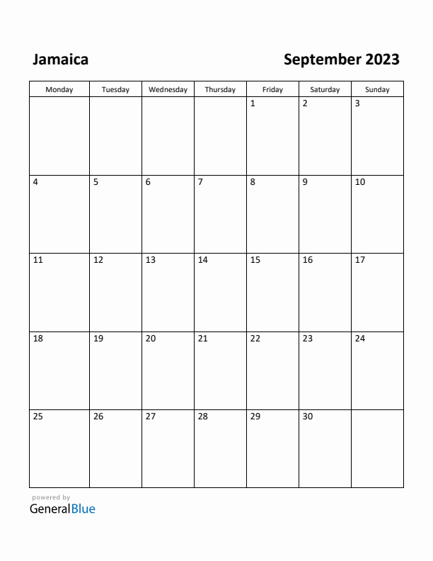 September 2023 Calendar with Jamaica Holidays