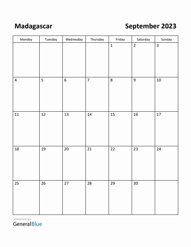 September 2023 Calendar with Madagascar Holidays