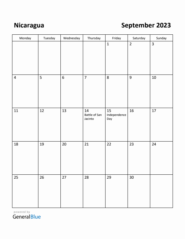 September 2023 Calendar with Nicaragua Holidays