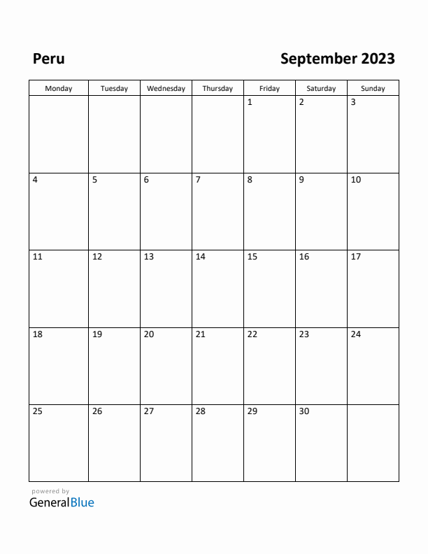 September 2023 Calendar with Peru Holidays