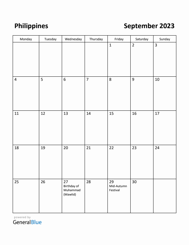 September 2023 Calendar with Philippines Holidays