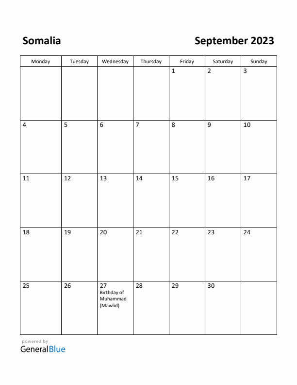 September 2023 Calendar with Somalia Holidays