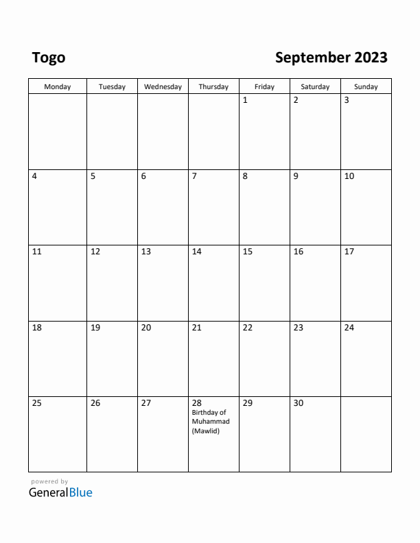 September 2023 Calendar with Togo Holidays