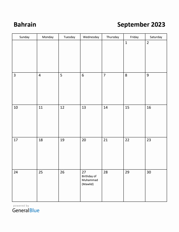 September 2023 Calendar with Bahrain Holidays