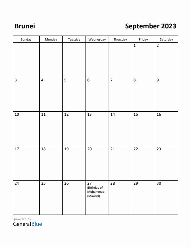 September 2023 Calendar with Brunei Holidays