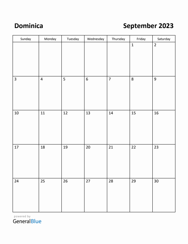 September 2023 Calendar with Dominica Holidays