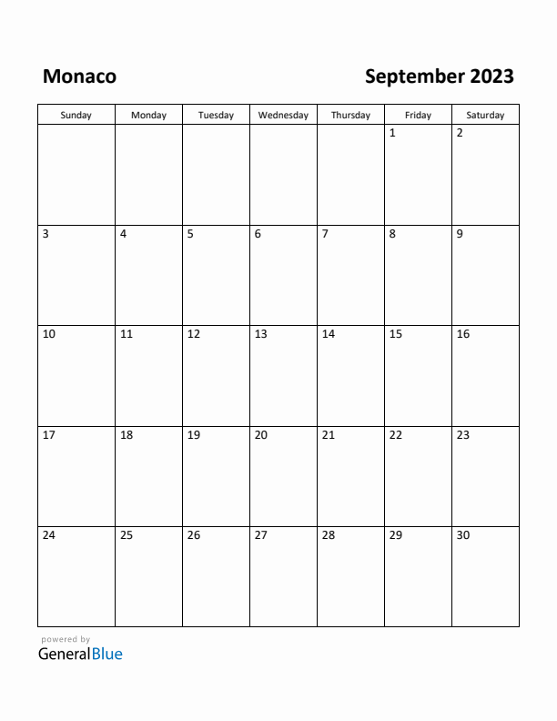 September 2023 Calendar with Monaco Holidays