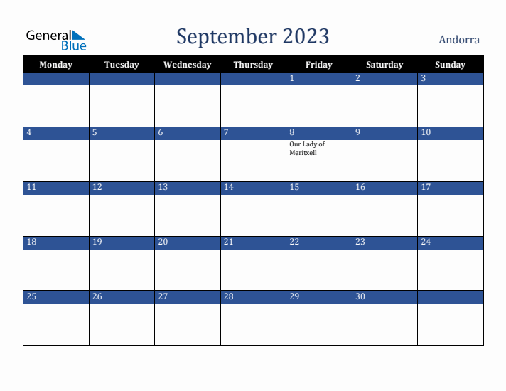 September 2023 Andorra Calendar (Monday Start)