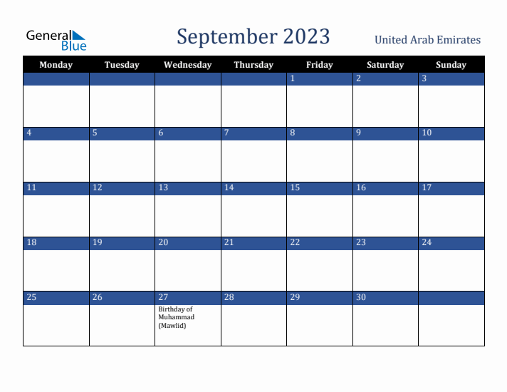 September 2023 United Arab Emirates Calendar (Monday Start)