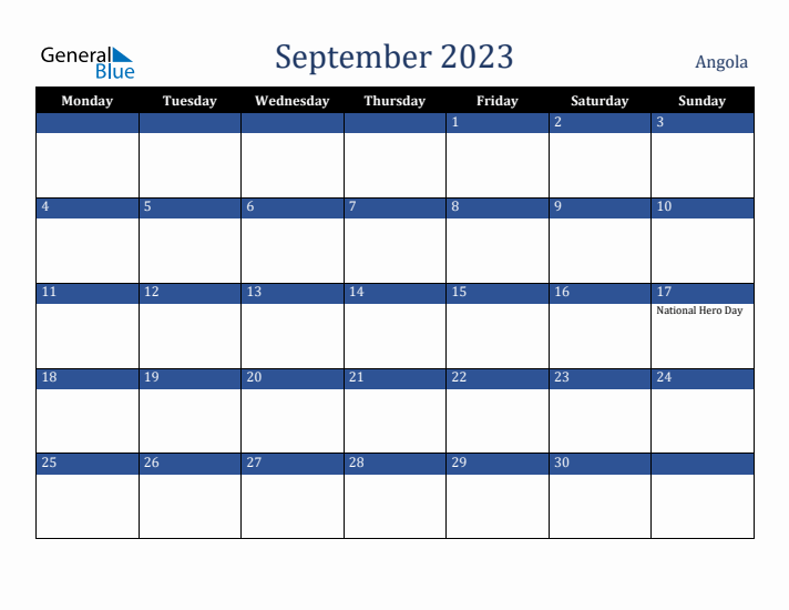 September 2023 Angola Calendar (Monday Start)