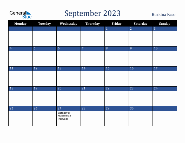 September 2023 Burkina Faso Calendar (Monday Start)