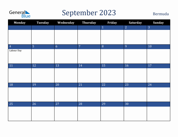 September 2023 Bermuda Calendar (Monday Start)
