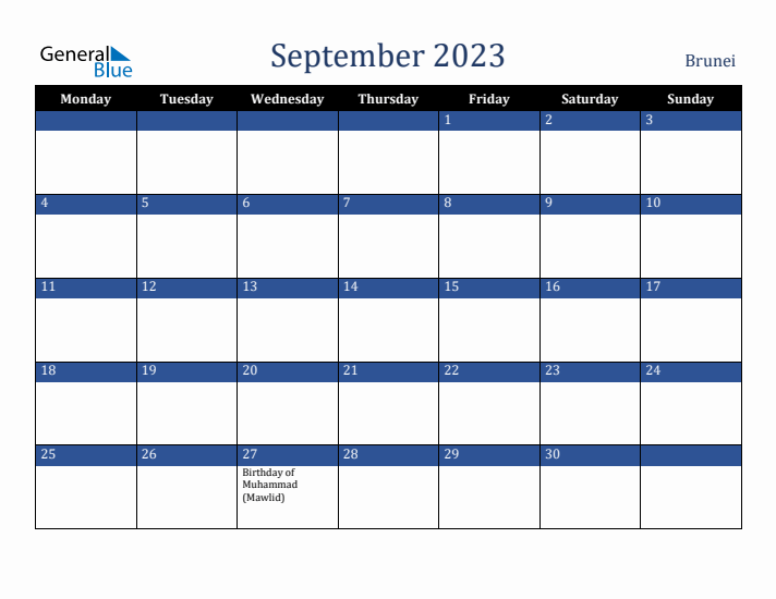 September 2023 Brunei Calendar (Monday Start)