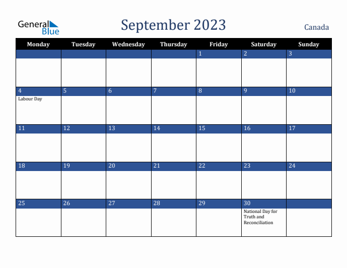 September 2023 Canada Calendar (Monday Start)