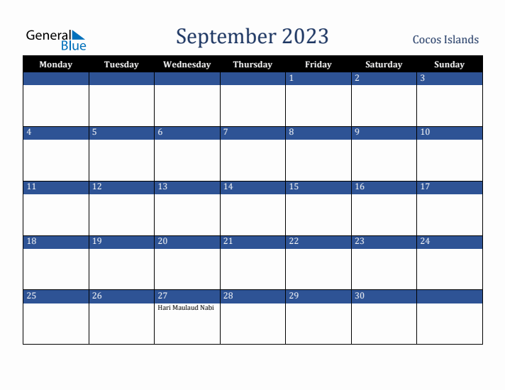 September 2023 Cocos Islands Calendar (Monday Start)