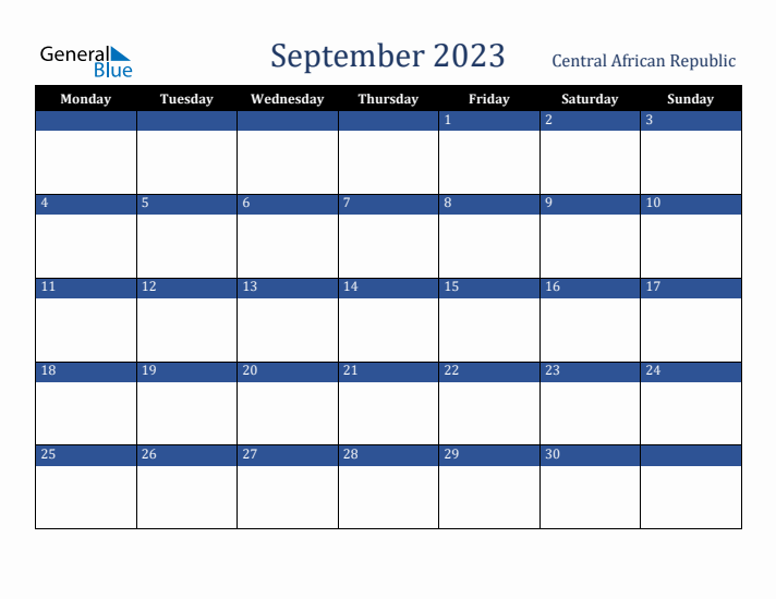 September 2023 Central African Republic Calendar (Monday Start)